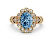 Oval Scalloped Halo Engagement Ring Setting for a Fancy Blue Lab-Grown Diamond | Heart Pavé Band | Yellow Gold