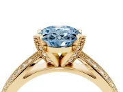 Fancy Blue Oval Cut Diamond Solitaire Ring Set in Yellow gold with Milgrain Double Row Round Pavé Band