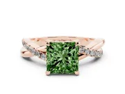 Fancy Green Princess Cut Diamond Twist Band Solitaire Set in Rose gold with Pavé Accents and Prong Setting