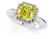 Fancy Yellow Asscher Cut Diamond Halo Engagement Ring Set in Platinum with Plain Split Shank and Prong Setting
