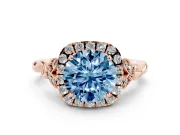 Round Halo Engagement Ring Setting for a Fancy Blue Lab-Grown Diamond | Leaf Shoulders | Rose Gold