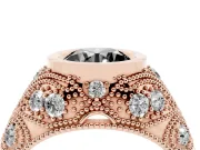 Fancy Black Round Cut Diamond Bezel Ring Set in Rose gold with Milgrain Accent Band