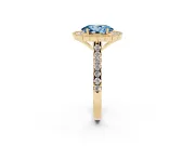 Fancy Blue Oval Cut Diamond Milgrain Floral Halo Engagement Ring Set in Yellow gold with Pavé Band
