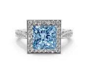 Princess Cut Milgrain Halo Engagement Ring Setting for a Fancy Blue Lab-Grown Diamond | Side Stones | Sterling Silver