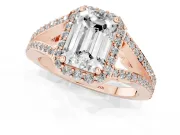 Emerald Cut Halo Engagement Ring Setting | V-Split Pavé Band | Rose Gold