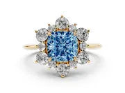 Cushion Cut Cluster Halo Engagement Ring Setting for a Fancy Blue Lab-Grown Diamond | Yellow Gold