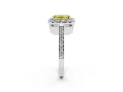 Fancy Yellow Emerald Cut Diamond Floral Halo Ring Set in White gold with Pavé Band and Prong Setting