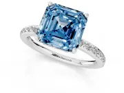 Fancy Blue Asscher Cut Diamond Pavé Band Ring Set in White gold with Prong-Set Center Stone