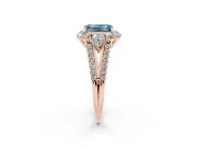 Fancy Blue Emerald Cut Diamond Halo Split Shank Engagement Ring Set in Rose gold with Prong-Held Center Stone