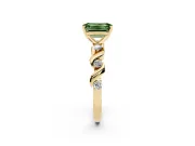 Fancy Green Emerald Cut Diamond Solitaire Ring Set in Yellow gold with Ribbon Twist Band, Round Accents and Prong Setting