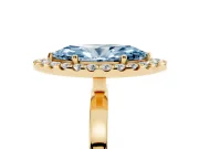 Fancy Blue Marquise Cut Diamond Halo Solitaire Ring Set in Yellow gold with Pavé Band and Prong Setting