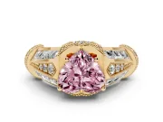 Fancy Pink Heart Cut Diamond Vintage-Inspired Milgrain Ring Set in Yellow gold with Accent Split Shank