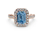 Emerald Cut Accented Halo Engagement Ring Setting for a Fancy Blue Lab-Grown Diamond | Rose Gold