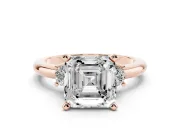 Asscher Cut Three Stone Engagement Ring Setting | Round Side Stones | Rose Gold