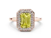 Fancy Yellow Emerald Cut Diamond Halo Engagement Ring Set in Rose gold with Solitaire Band and Prong Setting