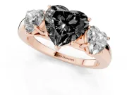 Fancy Black Heart Cut Diamond Three-Stone Ring Set in Rose gold with Bold Center and Classic Band