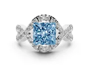 Fancy Blue Princess Cut Diamond Solitaire Twist Band Pavé Engagement Ring Set in Silver
