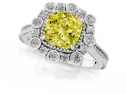 Fancy Yellow Cushion Cut Diamond Halo Milgrain Pavé Ring Set in Platinum with Prong Setting