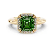 Fancy Green Asscher Cut Diamond Halo Engagement Ring Set in Yellow gold with Plain Split Shank and Prong Setting