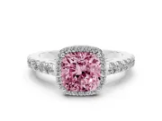 Fancy Pink Cushion Cut Diamond Halo Engagement Ring Set in White gold with Pavé Band and Prong Setting
