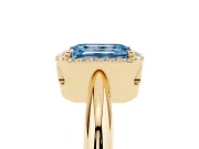 Fancy Blue Emerald Cut Diamond Halo Engagement Ring Set in Yellow gold with Plain Split Shank and Prong Setting