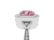 Fancy Pink Cushion Cut Diamond Halo Engagement Ring Set in White gold with Milgrain Pavé Band
