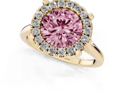 Round Halo Engagement Ring Setting for a Fancy Pink Lab-Grown Diamond | Claw Corners | Yellow Gold