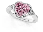 Fancy Pink Heart Cut Diamond Milgrain Solitaire Ring Set in White gold with Tapered Pavé Band and Prong Setting