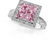 Princess Cut Milgrain Halo Engagement Ring Setting for a Fancy Pink Lab-Grown Diamond | Side Stones | White Gold