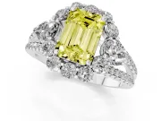 Fancy Yellow Emerald Cut Diamond Halo Split Shank Engagement Ring Set in Platinum with Prong-Held Center Stone