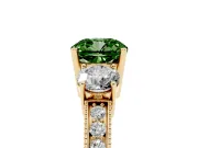 Fancy Green Cushion Cut Diamond Three-Stone Ring Set in Yellow gold with Round Side Stones and Pavé Band