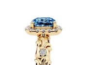 Cushion Cut Leaf Halo Engagement Ring Setting for a Fancy Blue Lab-Grown Diamond | Bezel Accents | Yellow Gold