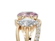 Oval Three Stone Split Shank Engagement Ring Setting for a Fancy Pink Lab-Grown Diamond | Matching Sides | Yellow Gold