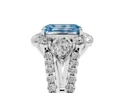 Fancy Blue Emerald Cut Diamond Halo Split Shank Engagement Ring Set in Silver with Prong-Held Center Stone