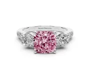 Fancy Pink Three-Stone Cushion Cut Diamond Pavé Band Ring Set in White gold with Prong-Set Trio