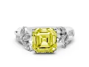 Fancy Yellow Asscher Cut Diamond Floral Vine Solitaire Engagement Ring Set in White gold with Marquise Leaves