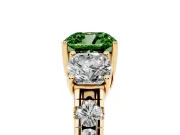 Fancy Green Cushion Cut Diamond Three-Stone Ring Set in Yellow gold with Pavé Band