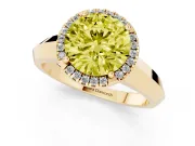Fancy Yellow Round Cut Diamond Halo Ring Set in Yellow gold with Cathedral Band and Prong Setting