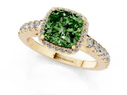 Fancy Green Cushion Cut Diamond Halo Engagement Ring Set in Yellow gold with Pavé Band and Prong Setting