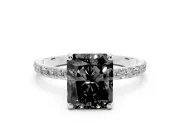 Fancy Black Radiant Cut Diamond Solitaire Ring Set in Silver with Round Pavé Band and Prong Setting