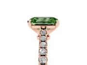 Fancy Green Emerald Cut Diamond Solitaire Engagement Ring Set in Rose gold with Delicate Pavé Band and Prong Setting