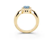 Fancy Blue Oval Cut Diamond Halo Engagement Ring Set in Yellow gold with Plain Split Shank and Prong Setting
