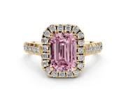 Emerald Cut Accented Halo Engagement Ring Setting for a Fancy Pink Lab-Grown Diamond | Yellow Gold