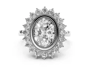 Oval Vintage Milgrain Bezel Halo Engagement Ring Setting | Sunburst Halo | Sterling Silver