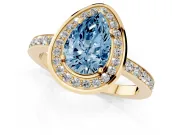 Pear-Shaped Bezel-Rim Halo Engagement Ring Setting for a Fancy Blue Lab-Grown Diamond | Pave Band | Yellow Gold