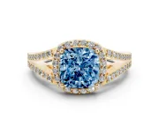 Cushion Cut Halo Engagement Ring Setting for a Fancy Blue Lab-Grown Diamond | V-Split Pavé Band | Yellow Gold
