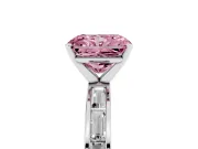 Fancy Pink Radiant Cut Diamond Solitaire Ring Set in White gold with Channel-Set Baguette Band and Prong Setting