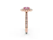 Fancy Pink Cushion Cut Diamond Halo Milgrain Pavé Ring Set in Rose gold with Prong Setting
