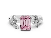 Fancy Pink Emerald Cut Diamond Floral Vine Solitaire Engagement Ring Set in Platinum with Marquise Leaves