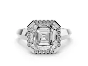 Asscher Cut Diamond Halo Ring Set in White gold with Cathedral Band and Prong Setting